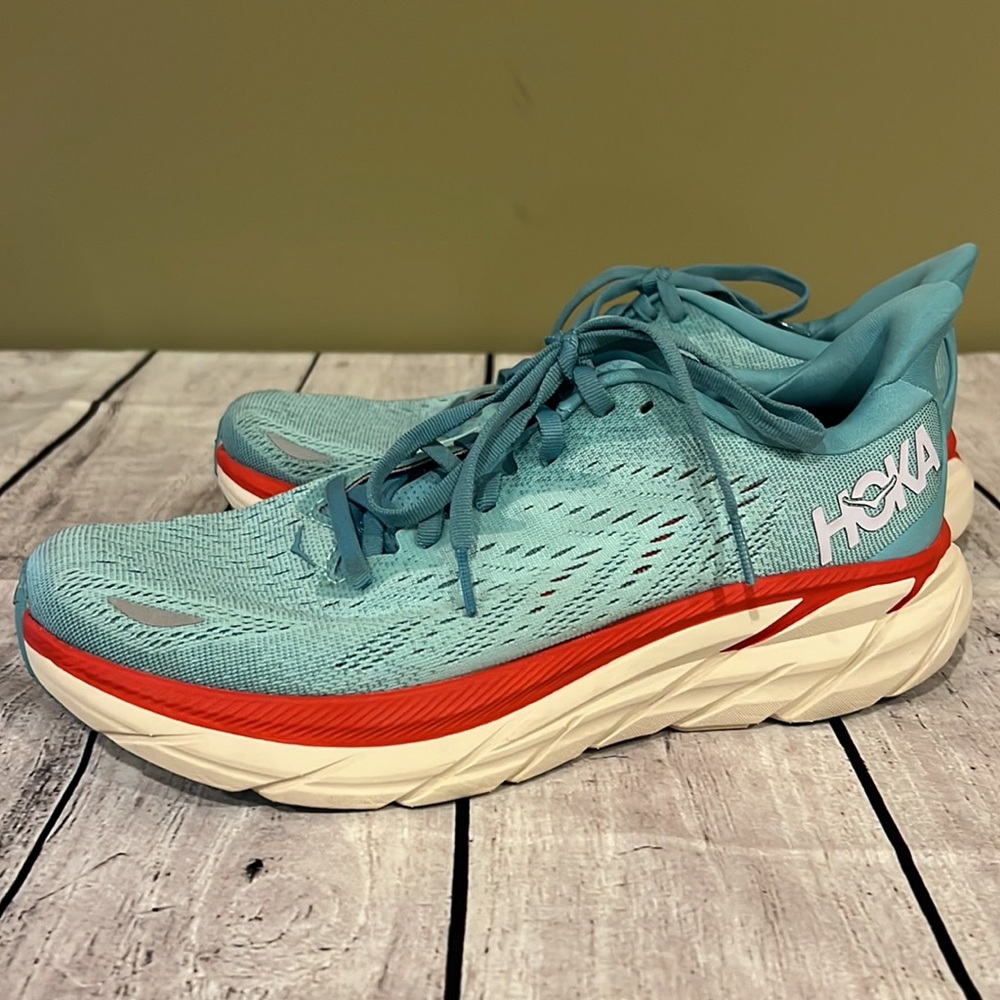 Hoka Clifton 8 Running Sneakers Teal and Coral Sz 9